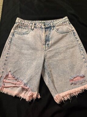wild fable Light Blue Distressed Denim Shorts with Pink Frayed Hem